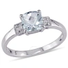 AMOUR AMOUR CUSHION CUT AQUAMARINE AND DIAMOND ACCENT RING IN STERLING SILVER
