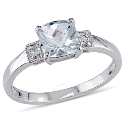 Amour Cushion Cut Aquamarine And Diamond Accent Ring In Sterling Silver In White