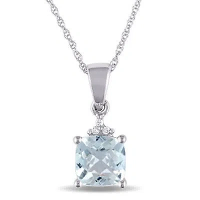 Pre-owned Amour Cushion Cut Checkerboard Aquamarine Pendant And Chain With Diamond Accent In White