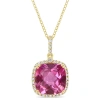 AMOUR AMOUR CUSHION CUT CHECKERBOARD PINK TOPAZ AND WHITE SAPPHIRE HALO PENDANT WITH CHAIN IN YELLOW PLATE