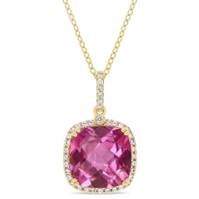 Amour Cushion Cut Checkerboard Pink Topaz And White Sapphire Halo Pendant With Chain In Yellow Plate In Gold