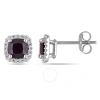 AMOUR AMOUR CUSHION CUT GARNET AND 1/10 CT TW DIAMOND HALO EARRINGS IN 10K WHITE GOLD