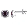 Amour Cushion Cut Garnet And 1/10 Ct Tw Diamond Halo Earrings In 10k White Gold In White