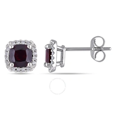 Amour Cushion Cut Garnet And 1/10 Ct Tw Diamond Halo Earrings In 10k White Gold In Purple