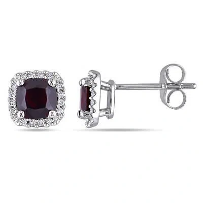 Pre-owned Amour Cushion Cut Garnet And 1/10 Ct Tw Diamond Halo Earrings In 10k White Gold
