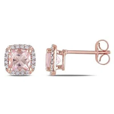 Pre-owned Amour Cushion Cut Morganite And 1/10 Ct Tw Diamond Halo Earrings In 10k Rose In Check Description