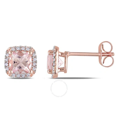 Amour Cushion Cut Morganite And 1/10 Ct Tw Diamond Halo Earrings In 10k Rose Gold In Pink