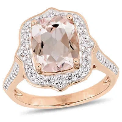 Pre-owned Amour Cushion-cut Morganite And 5/8 Ct Tw Diamond Halo Engagement Ring In 14k In Gold