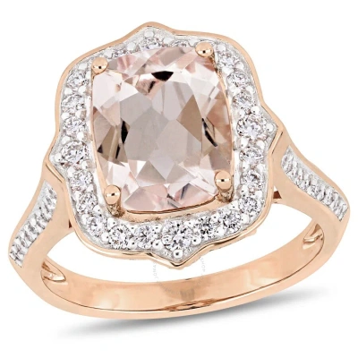 Amour Cushion-cut Morganite And 5/8 Ct Tw Diamond Halo Engagement Ring In 14k Rose Gold In Rose Gold-tone