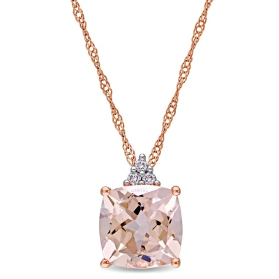 Amour Cushion-cut Morganite And Diamond Accent Drop Necklace In 14k Rose Gold In Pink