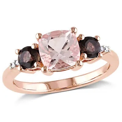 Pre-owned Amour Cushion-cut Morganite, Smokey Quartz And Diamond 3-stone Ring In Rose In Pink