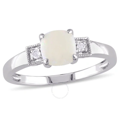 Amour Cushion Cut Opal And Diamond Accent Ring In Sterling Silver In Metallic