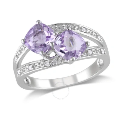 Amour Cushion Cut Rose De France And Diamond 2-stone Split Shank Ring In Sterling Silver In Purple