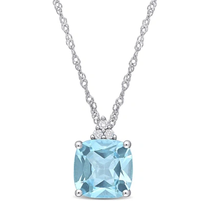 Amour Cushion Cut Sky-blue Topaz Pendant And Chain With Diamonds In 10k White Gold