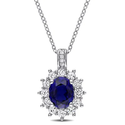 Amour Diamond And 4 Ct Tgw Created Blue And Created White Sapphire Oval Halo Pendant With Chain In S In Metallic