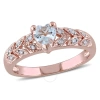 Amour Diamond And Aquamarine Heart Vintage Ring In Pink Plated Sterling Silver In Pink