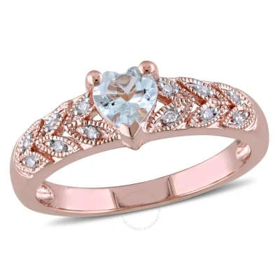 Amour Diamond And Aquamarine Heart Vintage Ring In Pink Plated Sterling Silver