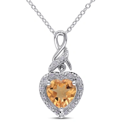 Amour Diamond And Citrine Heart Twist Pendant With Chain In Sterling Silver In Metallic