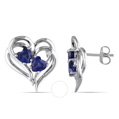 Amour Diamond And Created Blue Sapphire Heart Earrings In Sterling Silver In Metallic