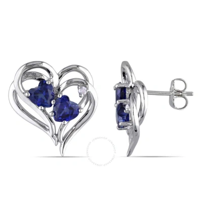 Amour Diamond And Created Blue Sapphire Heart Earrings In Sterling Silver In Blue / Silver / White