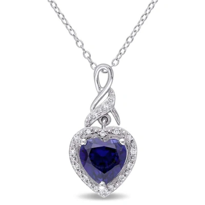 Amour Diamond And Created Blue Sapphire Heart Twist Pendant With Chain In Sterling Silver In Blue / Silver / Spring / White