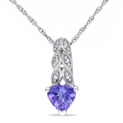 Pre-owned Amour Diamond And Heart Shaped Tanzanite Pendant With Chain In 10k White Gold