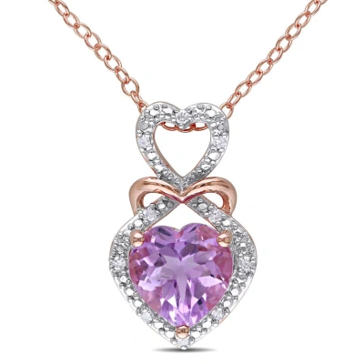 Amour Diamond And Rose De France Triple Heart Halo Pendant With Chain In 2-tone Rose And White Sterl In Gold