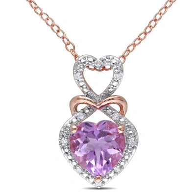 Amour Diamond And Rose De France Triple Heart Halo Pendant With Chain In 2-tone Rose And White Sterl In Pink