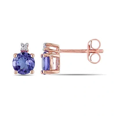 Pre-owned Amour Diamond And Tanzanite Stud Earrings In 10k Rose Gold