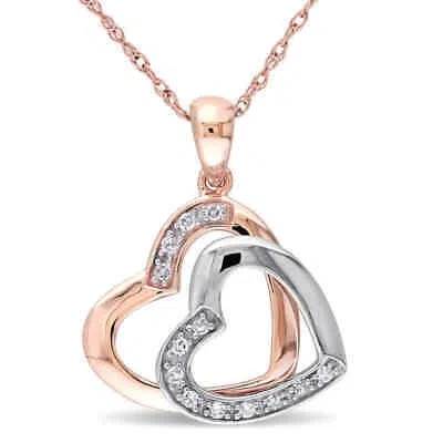Pre-owned Amour Diamond Double Heart Pendant With Chain In 10k 2-tone Rose And White Gold