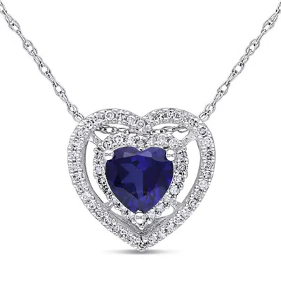 Amour Double Halo Heart Shaped Created Blue Sapphire And 1/5 Ct Tw Diamond Pendant With Chain In 10k In White