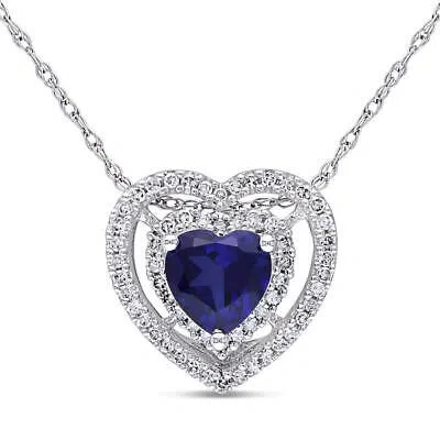 Pre-owned Amour Double Halo Heart Shaped Created Blue Sapphire And 1/5 Ct Tw Diamond In White