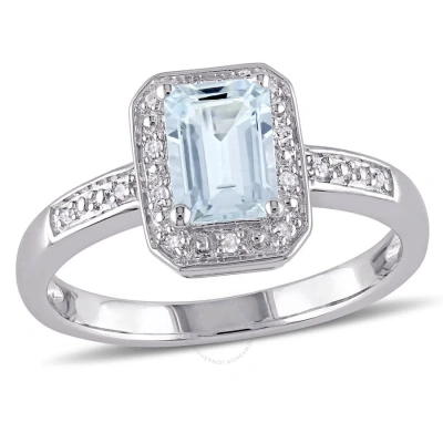 Amour Emerald Cut Aquamarine And Diamond Accent Ring In Sterling Silver In Blue