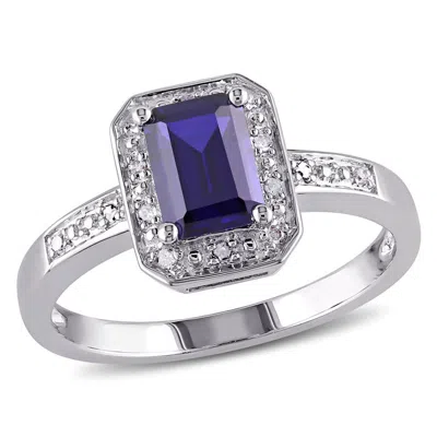 Amour Emerald Cut Created Blue Sapphire And Diamond Accent Ring In Sterling Silver