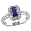 AMOUR AMOUR EMERALD CUT CREATED BLUE SAPPHIRE AND DIAMOND ACCENT RING IN STERLING SILVER