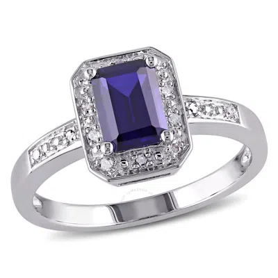 Amour Emerald Cut Created Blue Sapphire And Diamond Accent Ring In Sterling Silver In Black