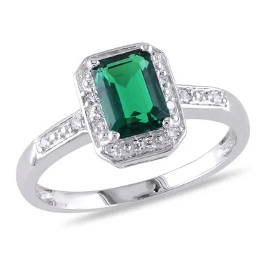 Amour Emerald Cut Created Emerald And Diamond Accent Ring In Sterling Silver In ["white"]