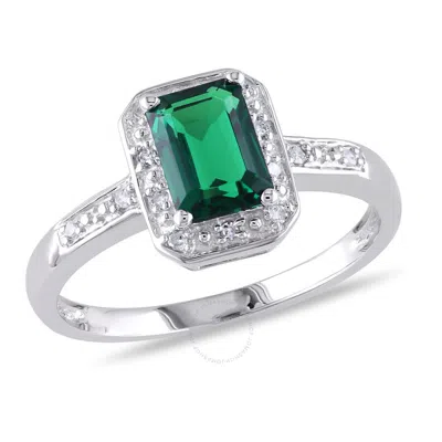 Amour Emerald Cut Created Emerald And Diamond Accent Ring In Sterling Silver In Green