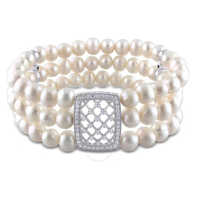 Amour Freshwater Cultured Pearl 3-strand Stretch Bracelet With Sterling Silver Cubic Zirconia Lattic In White