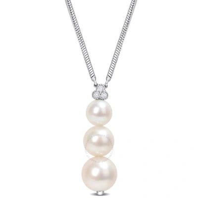 Amour Freshwater Cultured Pearl And 1/10 Ct Tgw White Topaz Graduated Pendant With Chain In Sterling