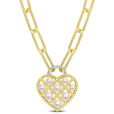 Amour Freshwater Cultured Pearl & Diamond Accent Heart Oval Link Chain Necklace In Yellow Plated Ste