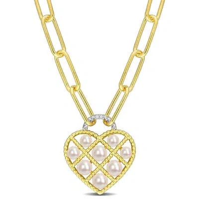 Pre-owned Amour Freshwater Cultured Pearl & Diamond Accent Heart Oval Link Chain Necklace In Yellow