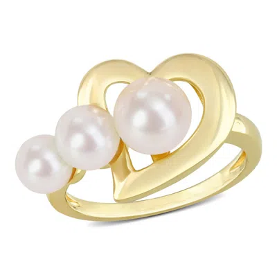 Amour Freshwater Cultured Pearl Heart Ring In Yellow Plated Sterling Silver In Burgundy