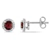 Amour Garnet And Diamond Halo Stud Earrings In Sterling Silver In White