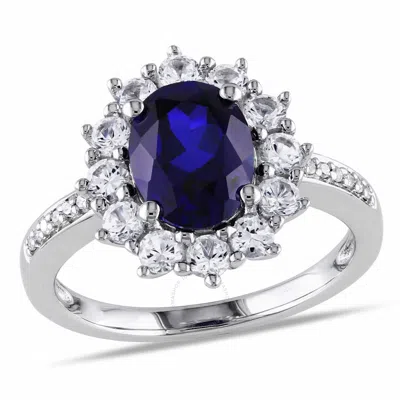 Amour Halo Diamond And 4 Ct Tgw Created Blue And White Sapphire Ring In Sterling Silver