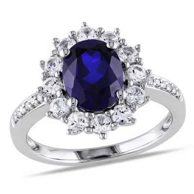 Amour Halo Diamond And 4 Ct Tgw Created Blue And White Sapphire Ring In Sterling Silver In ["white"]