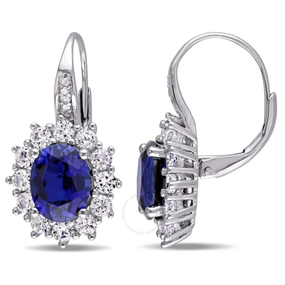 Amour Halo Diamond And 8.06 Ct Tgw Created Blue And White Sapphire Leverback Earrings In Sterling Si In Blue / Silver / White