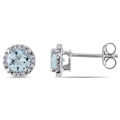 Amour Diamond And Aquamarine 10k White Gold Stud Earrings In Aqua / Aquamarine / Blue / Gold / White