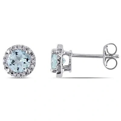Pre-owned Amour Halo Diamond And Aquamarine Stud Earrings In 10k White Gold In Check Description