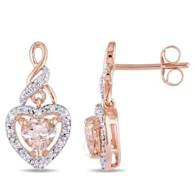 Amour Halo Heart Shaped Morganite And 1/8 Ct Tw Diamond Earrings In 10k Rose Gold In Pink